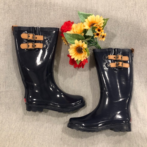 NWT - Navy Chooka Rain Boots with Tan Leather Straps - Picture 1 of 16